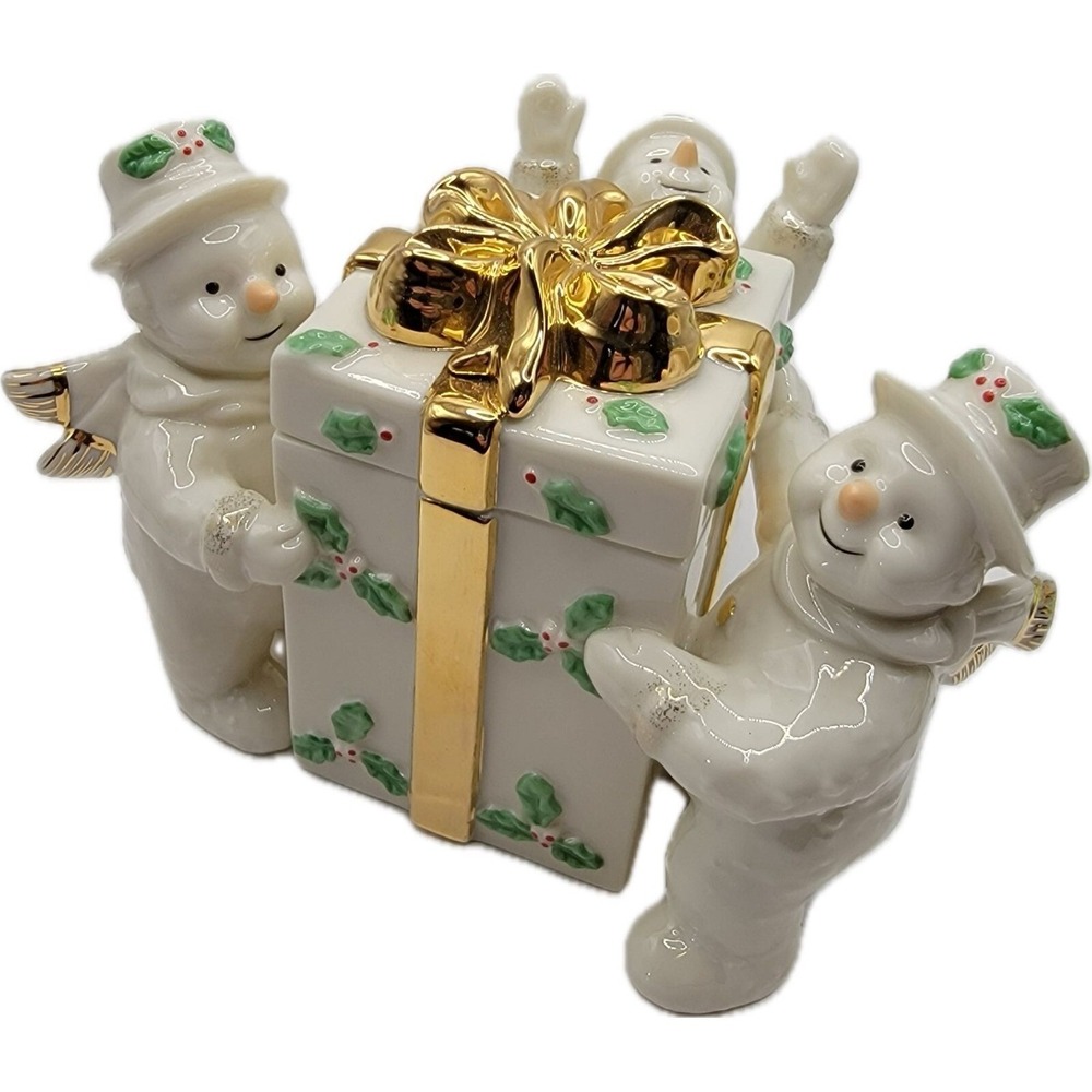 Mikasa Snowman Trio Figure‎ Ribbon Holly Trinket Box  Lid Porcelain FK017 W/Box